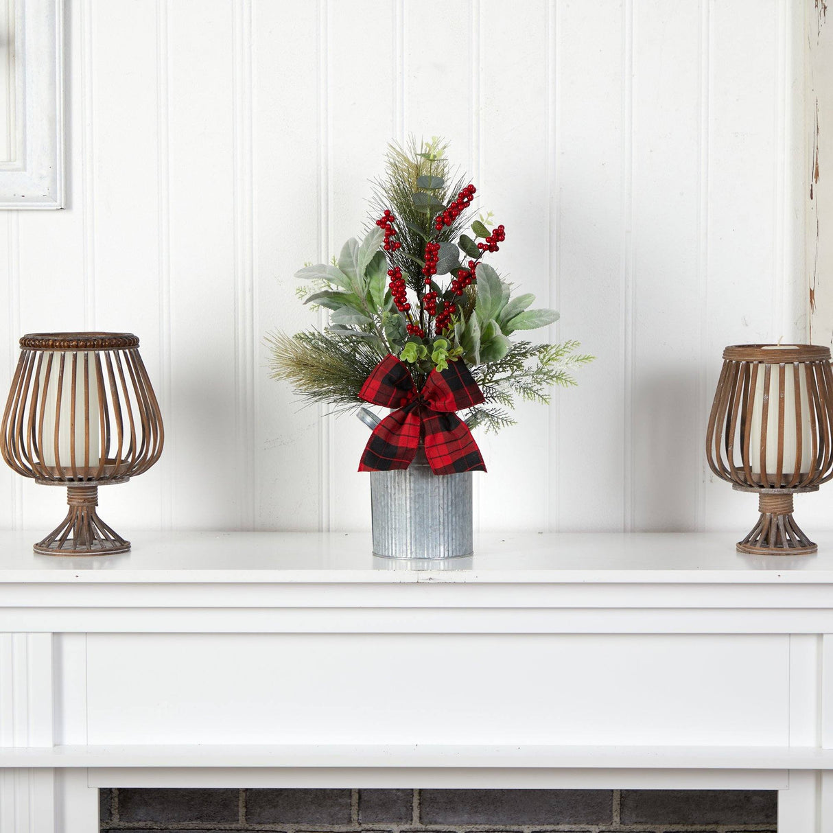 20" Holiday Winter Greenery, Pinecone and Berries with Buffalo Plaid Bow Christmas  Arrangement" by Nearly Natural