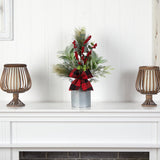 20" Holiday Winter Greenery, Pinecone and Berries with Buffalo Plaid Bow Christmas  Arrangement" by Nearly Natural