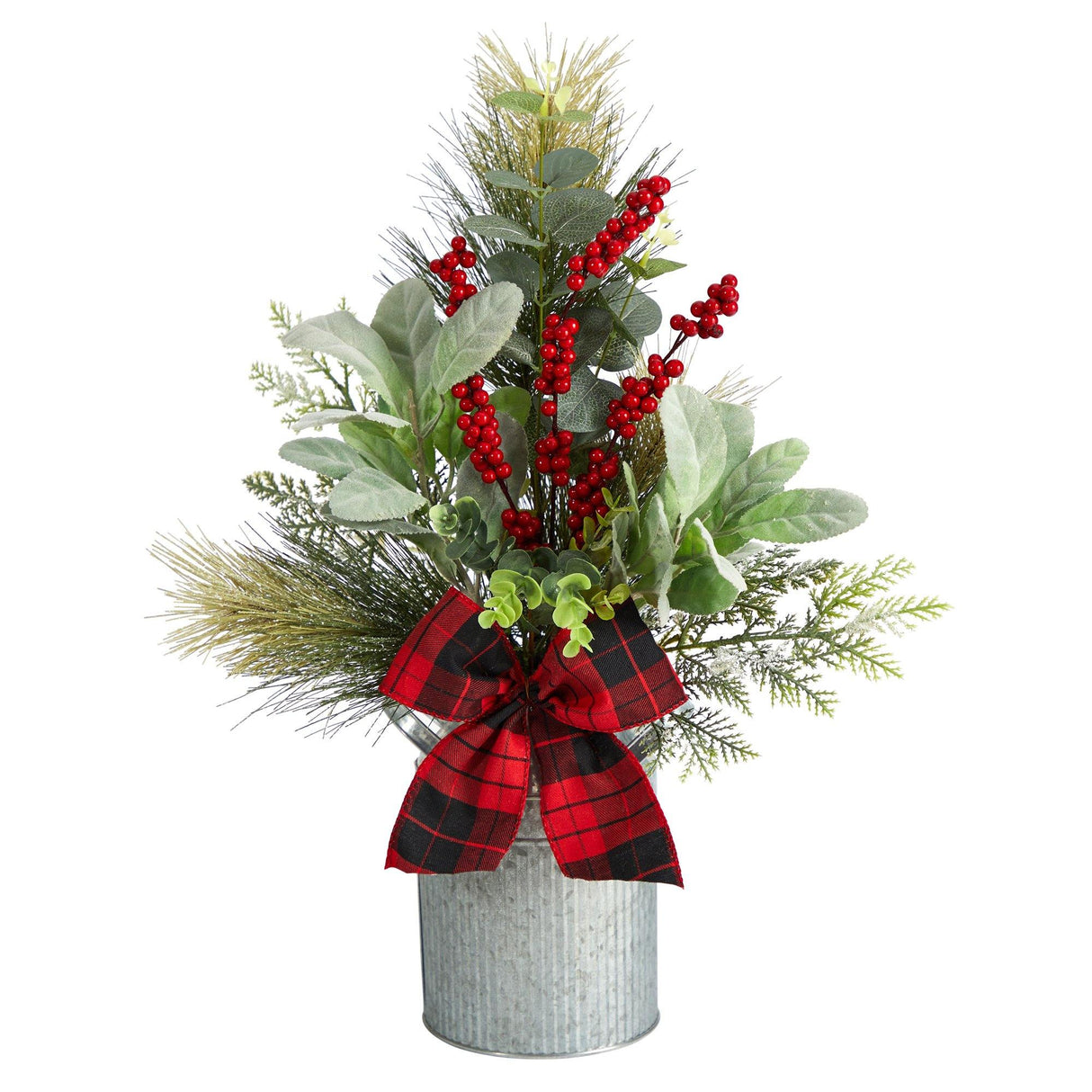 20" Holiday Winter Greenery, Pinecone and Berries with Buffalo Plaid Bow Christmas  Arrangement" by Nearly Natural