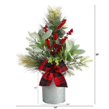 20" Holiday Winter Greenery, Pinecone and Berries with Buffalo Plaid Bow Christmas  Arrangement" by Nearly Natural