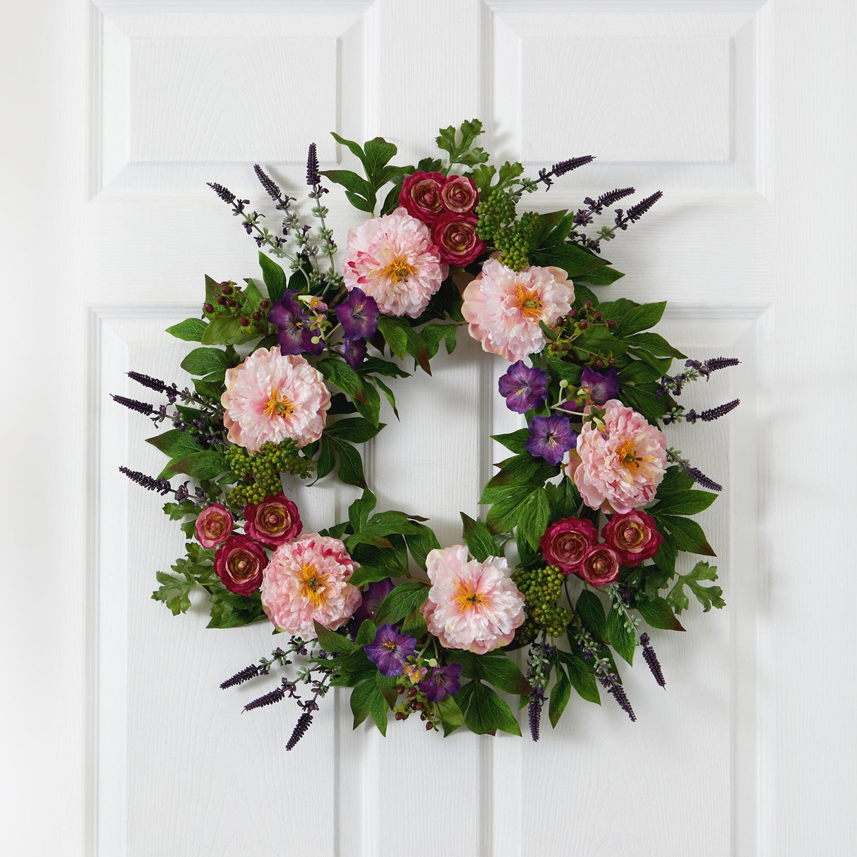 22” Assorted Peony Artificial Wreath by Nearly Natural