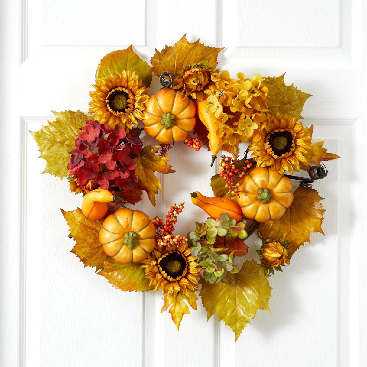 22” Autumn Hydrangea, Pumpkin and Sunflower Artificial Fall Wreath by Nearly Natural