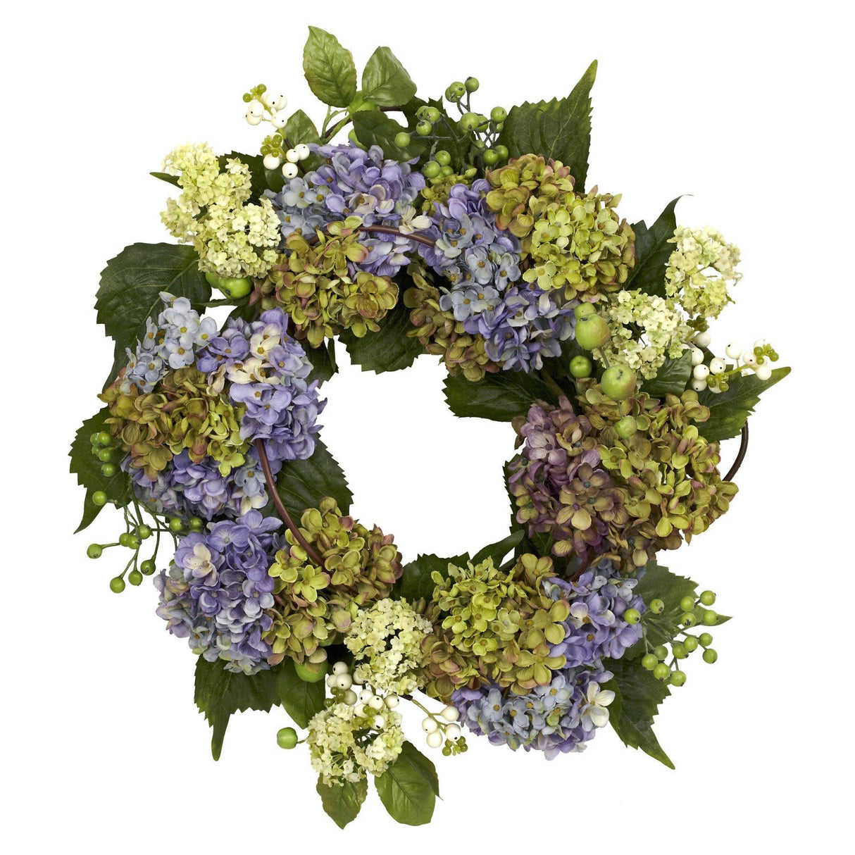 22” Artificial Hydrangea Silk Wreath Mixed Greens by Nearly Natural