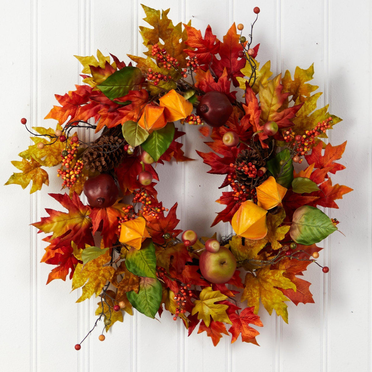 24” Autumn Maple Leaf and Berries Fall Artificial Wreath by Nearly Natural - Vysn