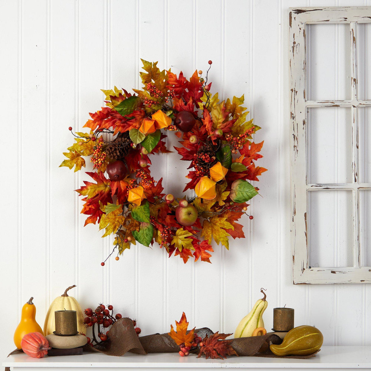 24” Autumn Maple Leaf and Berries Fall Artificial Wreath by Nearly Natural - Vysn