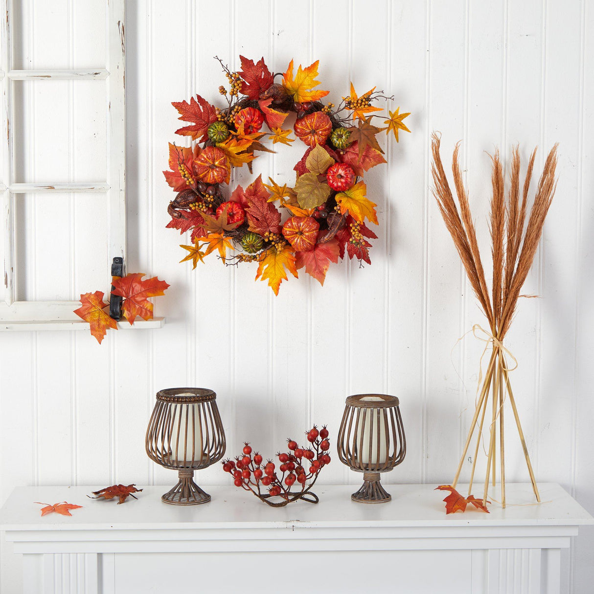 24” Autumn Pumpkin and Berries Artificial Fall Wreath by Nearly Natural