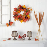 24” Autumn Pumpkin and Berries Artificial Fall Wreath by Nearly Natural