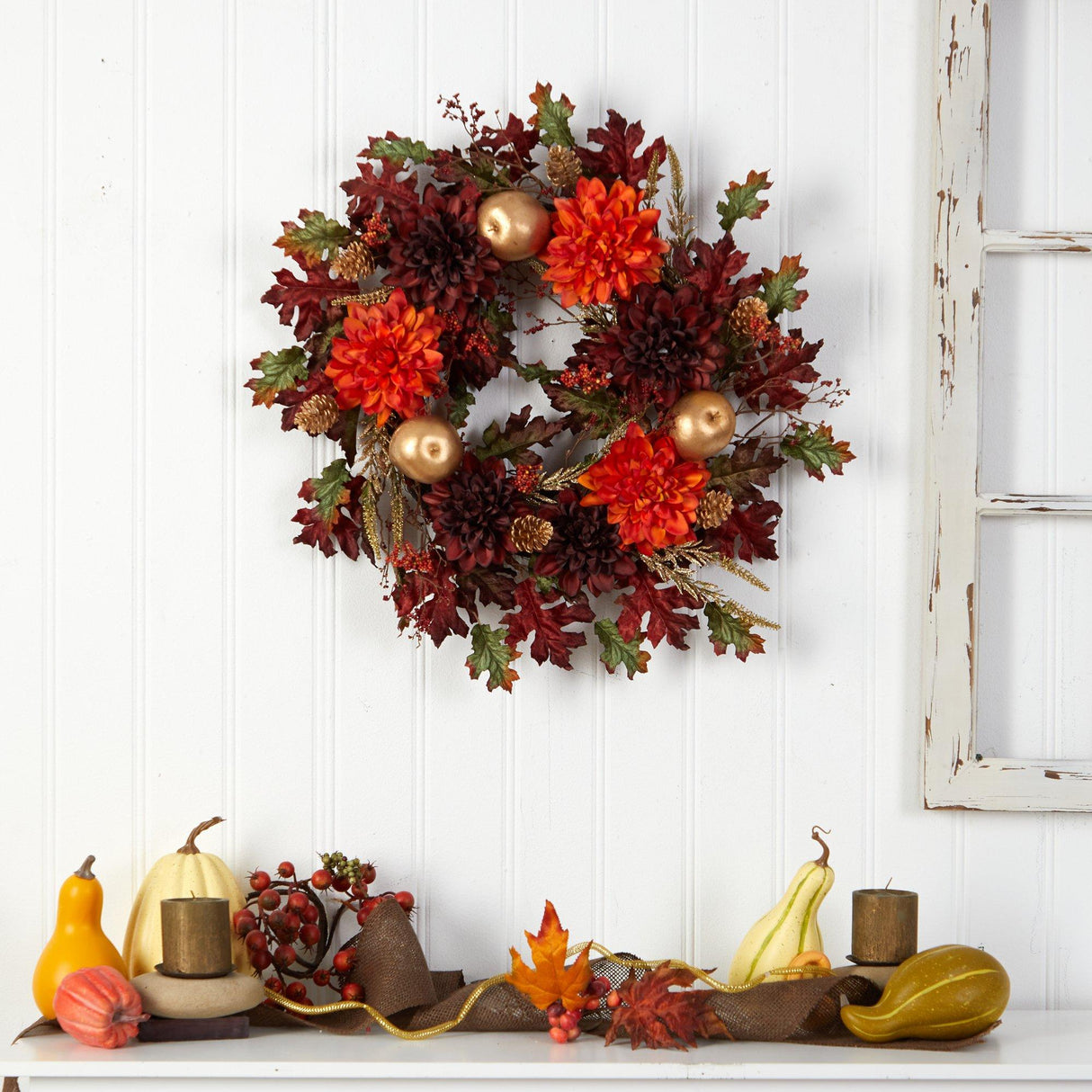 24” Fall Dahlia, Golden Apple, Oak Leaf and Berries Autumn Artificial Wreath by Nearly Natural