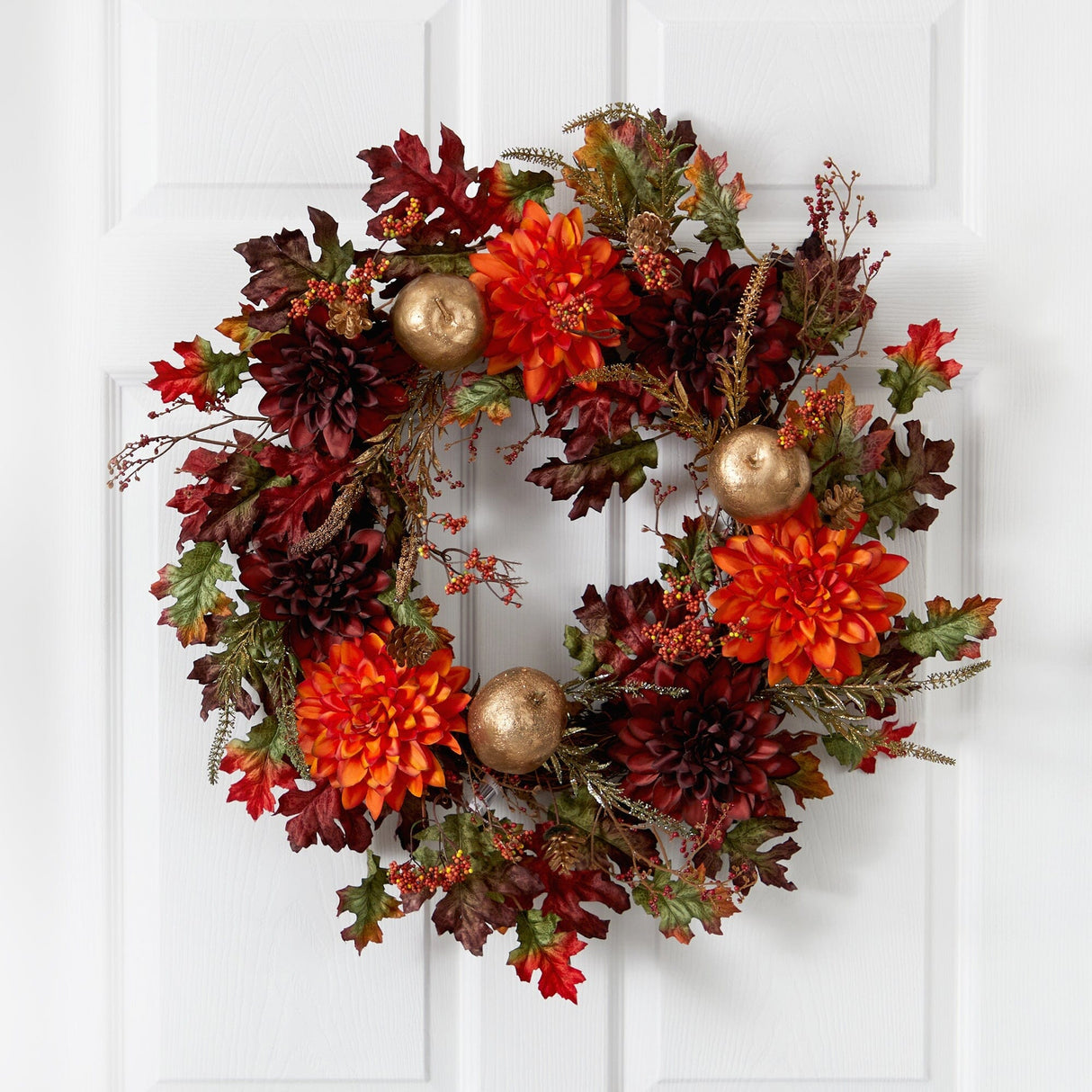 24” Fall Dahlia, Golden Apple, Oak Leaf and Berries Autumn Artificial Wreath by Nearly Natural