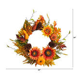 24” Fall Sunflower, Pumpkin, Gourds, Pinecone and Berries Autumn Artificial Wreath by Nearly Natural