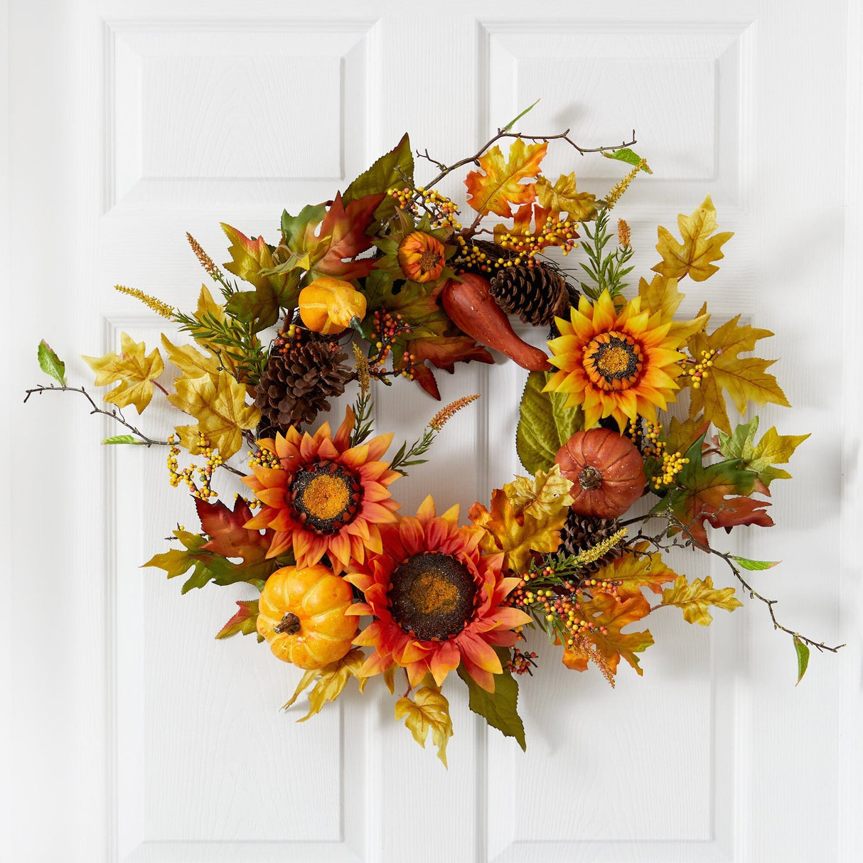 24” Fall Sunflower, Pumpkin, Gourds, Pinecone and Berries Autumn Artificial Wreath by Nearly Natural