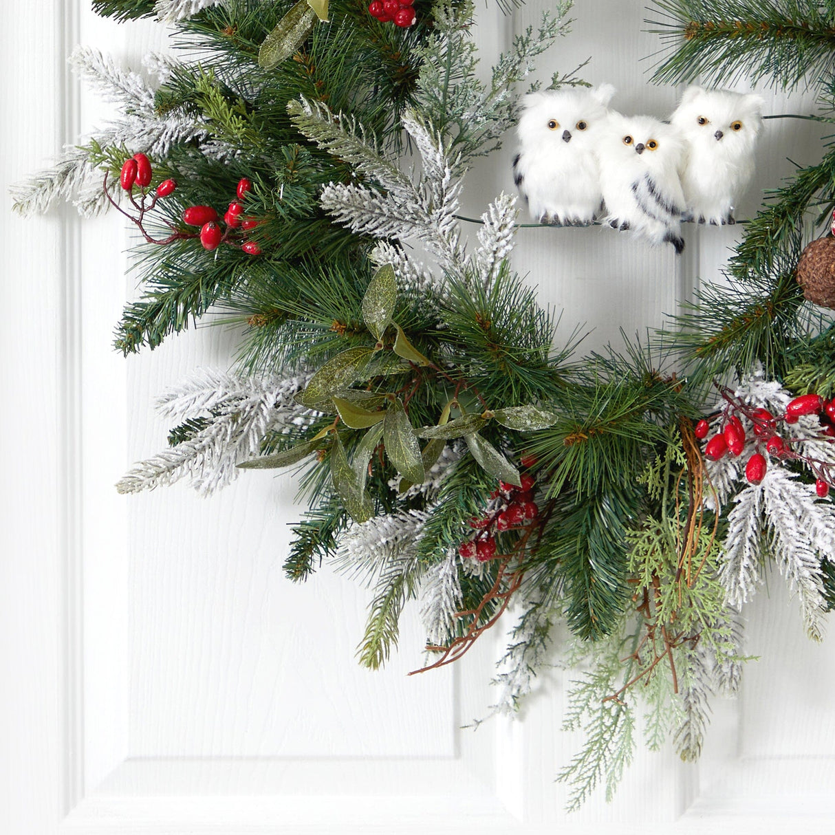 24” Holiday Winter Owl Family Pinecone Berry Christmas Artificial Wreath by Nearly Natural