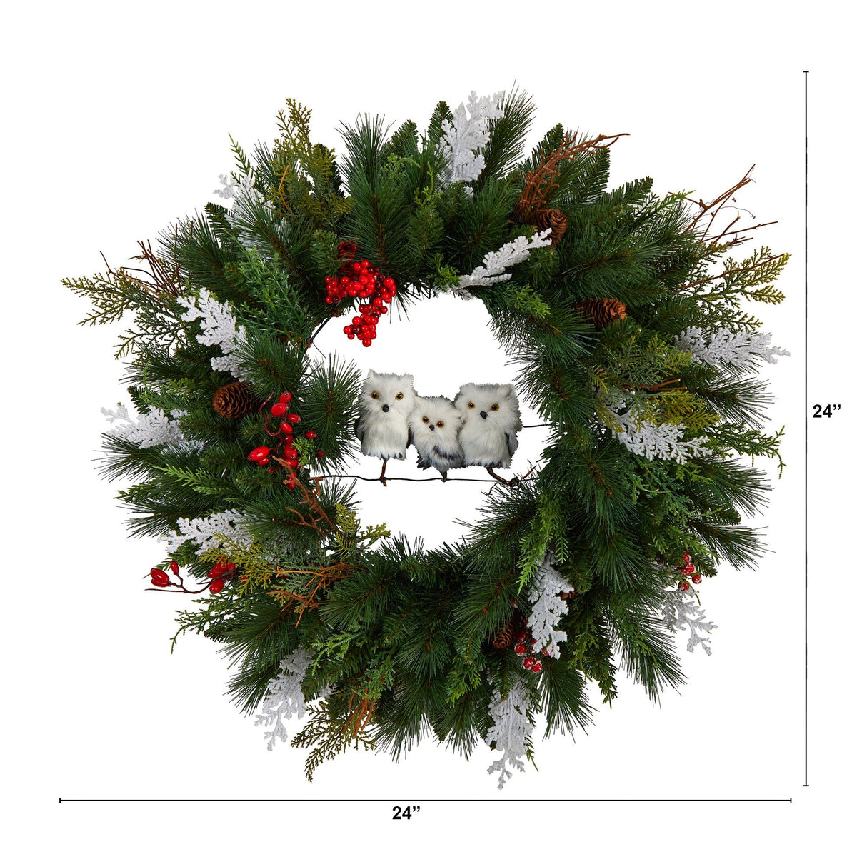 24” Holiday Winter Owl Family Pinecone Berry Christmas Artificial Wreath by Nearly Natural