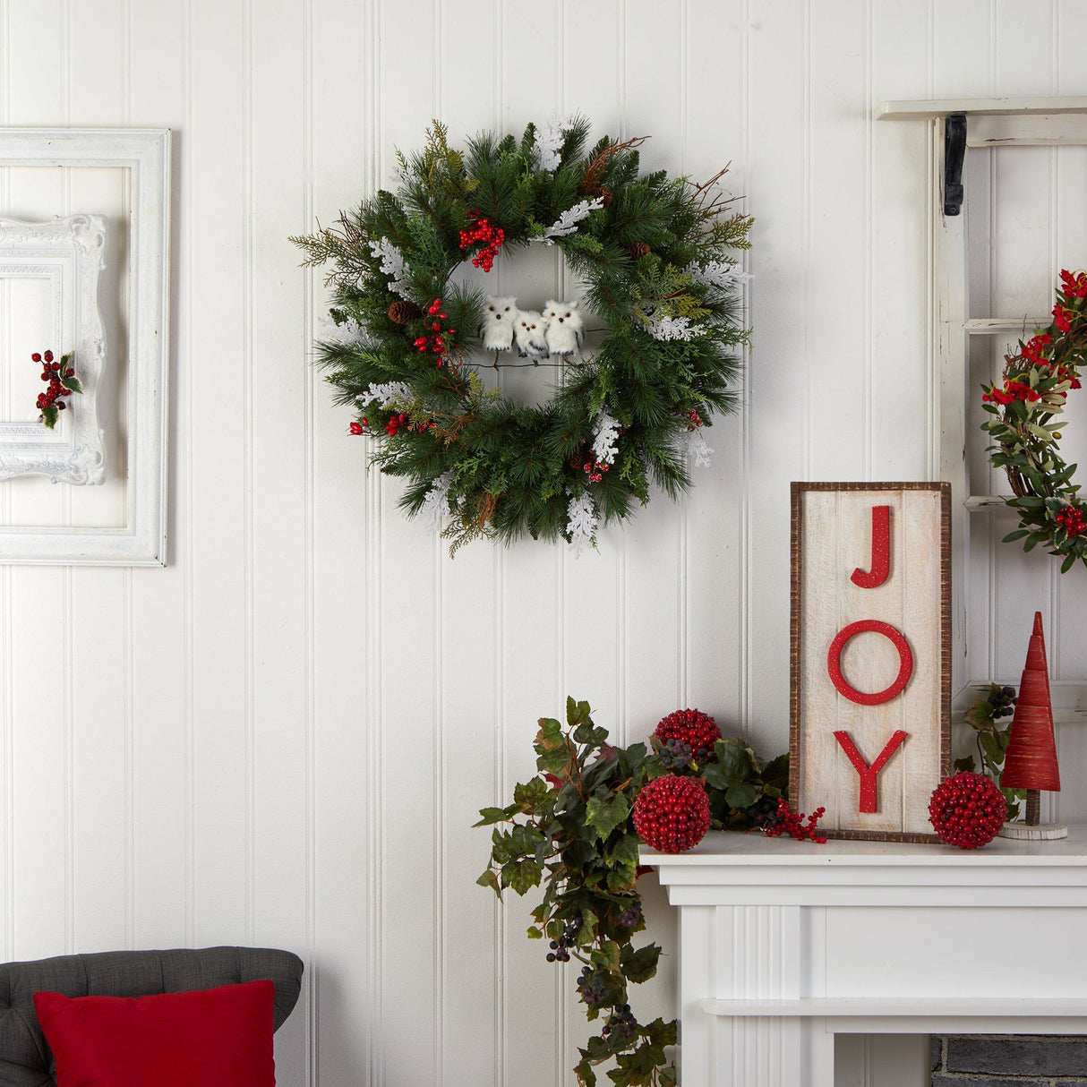 24” Holiday Winter Owl Family Pinecone Berry Christmas Artificial Wreath by Nearly Natural