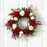 24" Hydrangea w/White Roses Wreath" by Nearly Natural