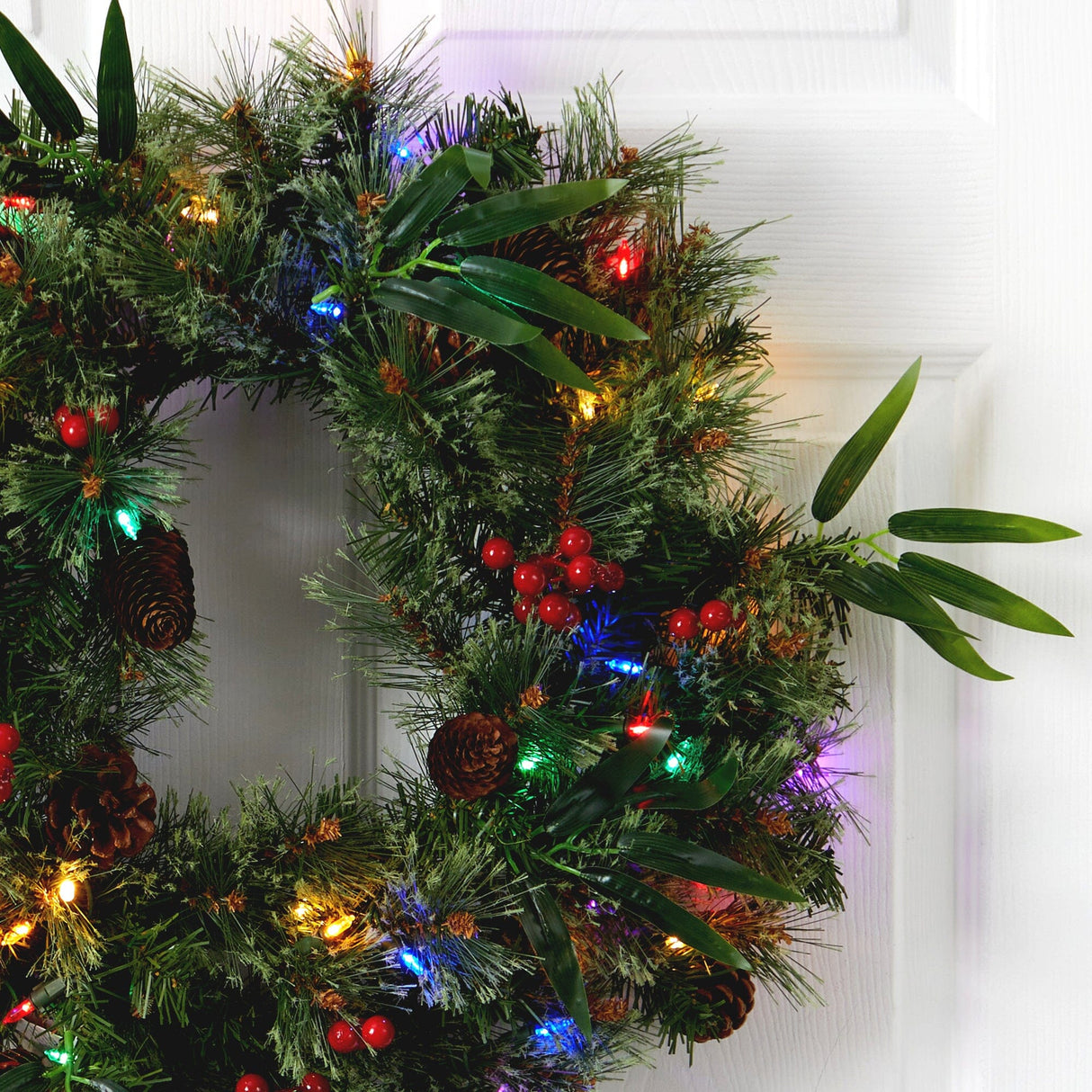 24” Mixed Pine Artificial Christmas Wreath with 50 Multicolored LED Lights, Berries and Pine Cones by Nearly Natural