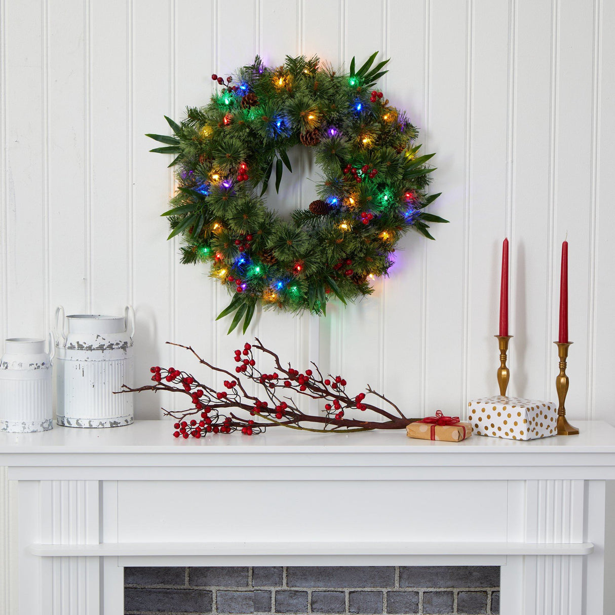 24” Mixed Pine Artificial Christmas Wreath with 50 Multicolored LED Lights, Berries and Pine Cones by Nearly Natural