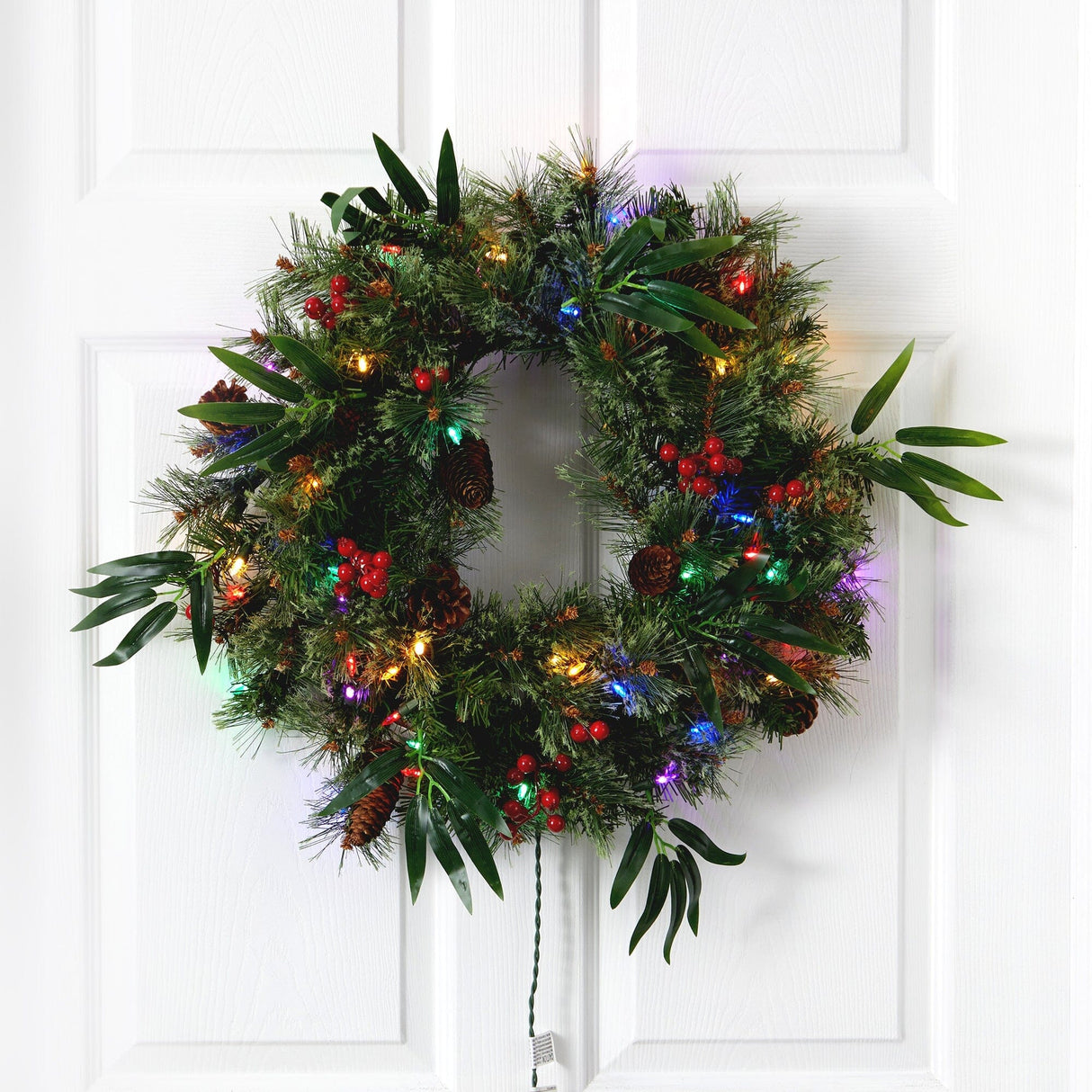 24” Mixed Pine Artificial Christmas Wreath with 50 Multicolored LED Lights, Berries and Pine Cones by Nearly Natural