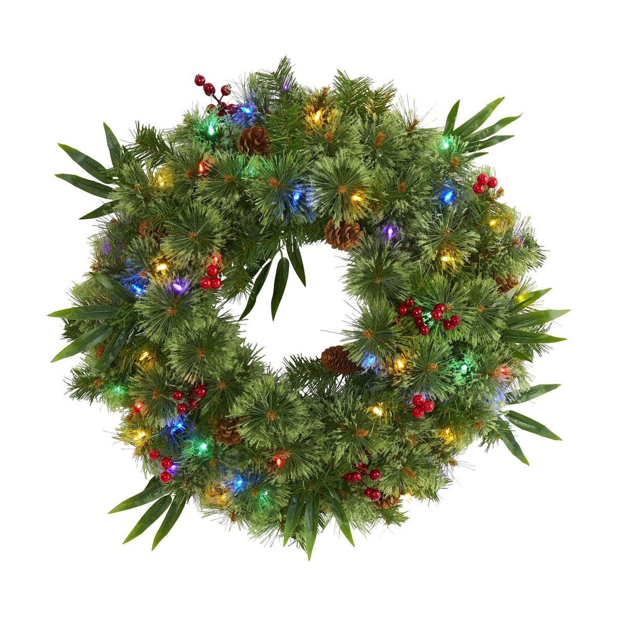 24” Mixed Pine Artificial Christmas Wreath with 50 Multicolored LED Lights, Berries and Pine Cones by Nearly Natural