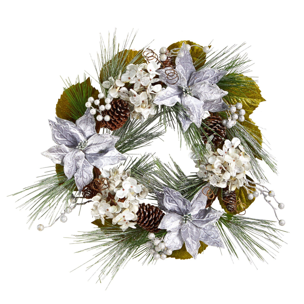 24” Silver Poinsettia, Hydrangea and Pinecones Artificial Christmas Wreath by Nearly Natural