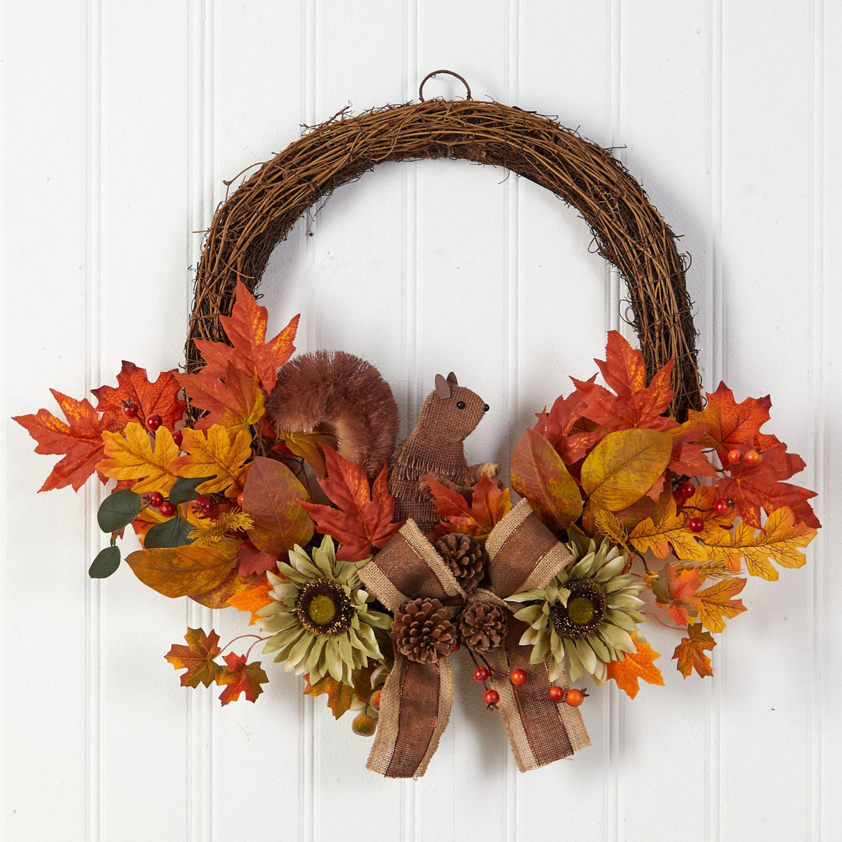 26” Fall Harvest Artificial Autumn Wreath with Twig Base and Squirrel by Nearly Natural