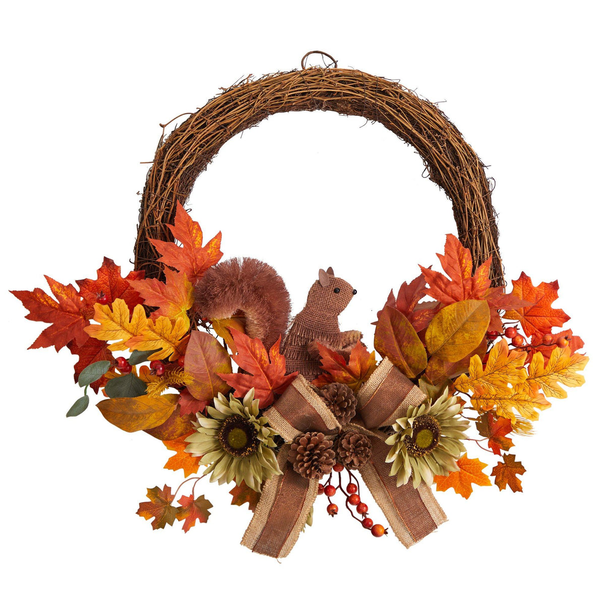 26” Fall Harvest Artificial Autumn Wreath with Twig Base and Squirrel by Nearly Natural