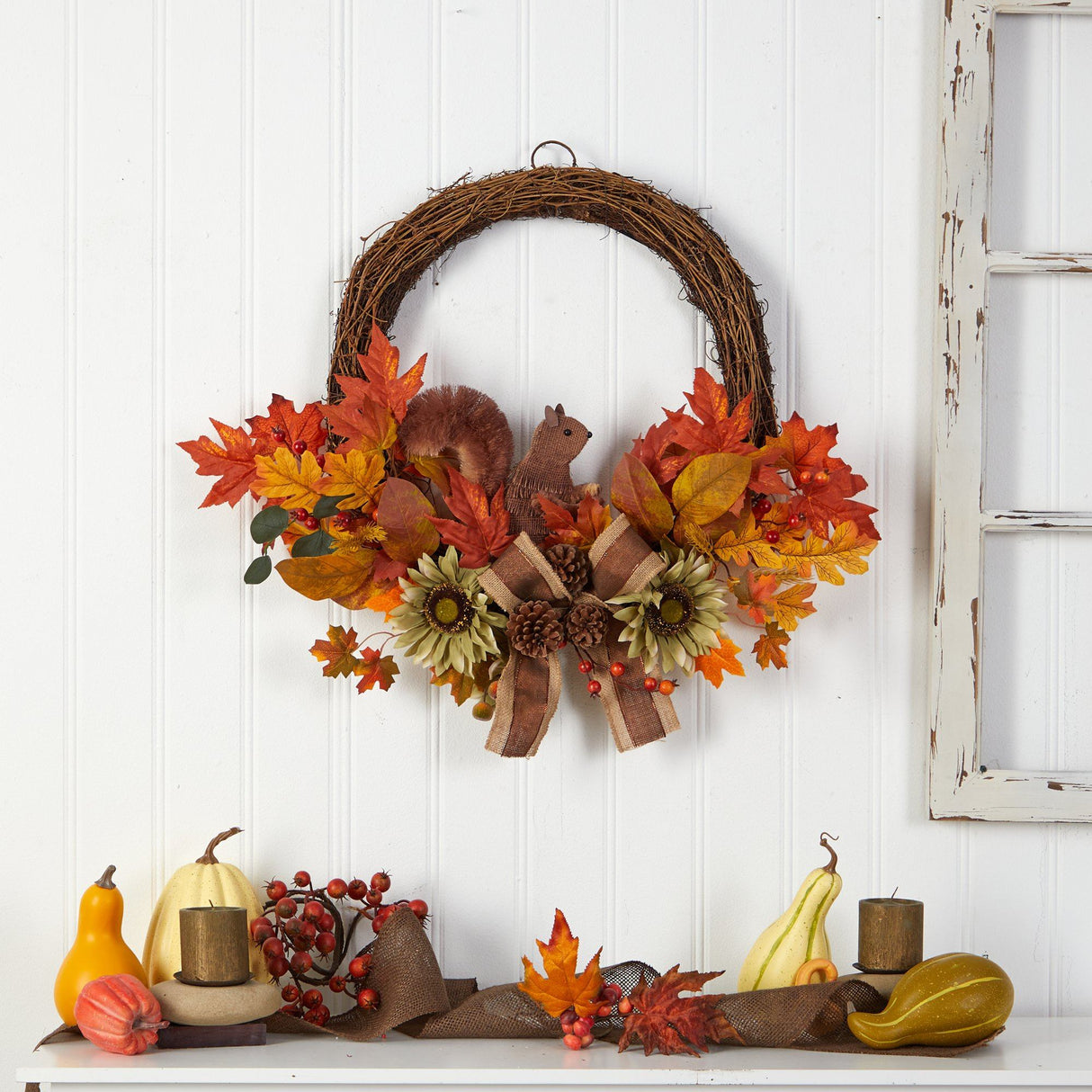 26” Fall Harvest Artificial Autumn Wreath with Twig Base and Squirrel by Nearly Natural