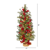 3’ Berry and Pine Artificial Christmas Tree with 50 Warm White Lights and Burlap Wrapped Base by Nearly Natural