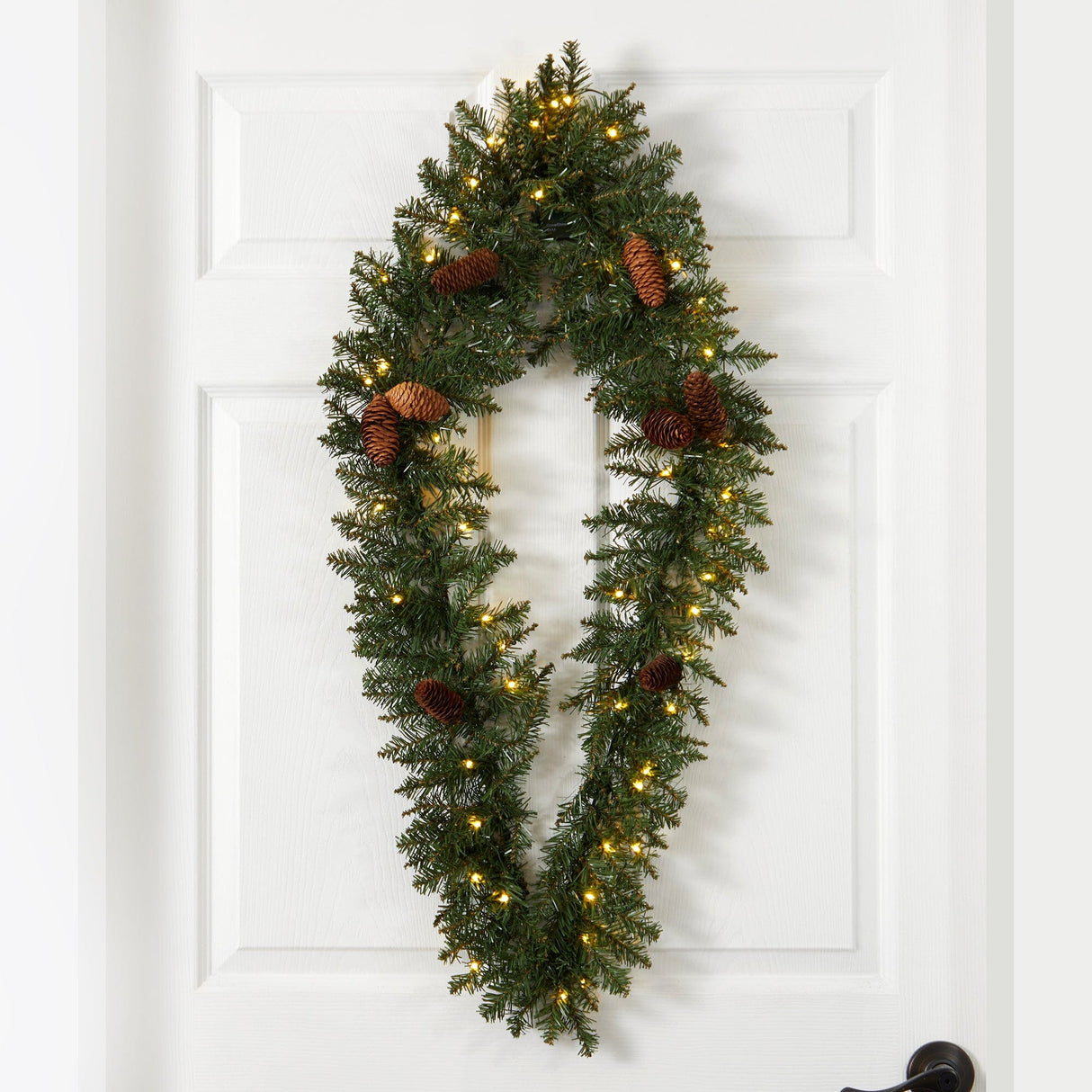 3' Holiday Christmas Geometric Diamond Wreath with Pinecones and 50 Warm White LED Lights by Nearly Natural