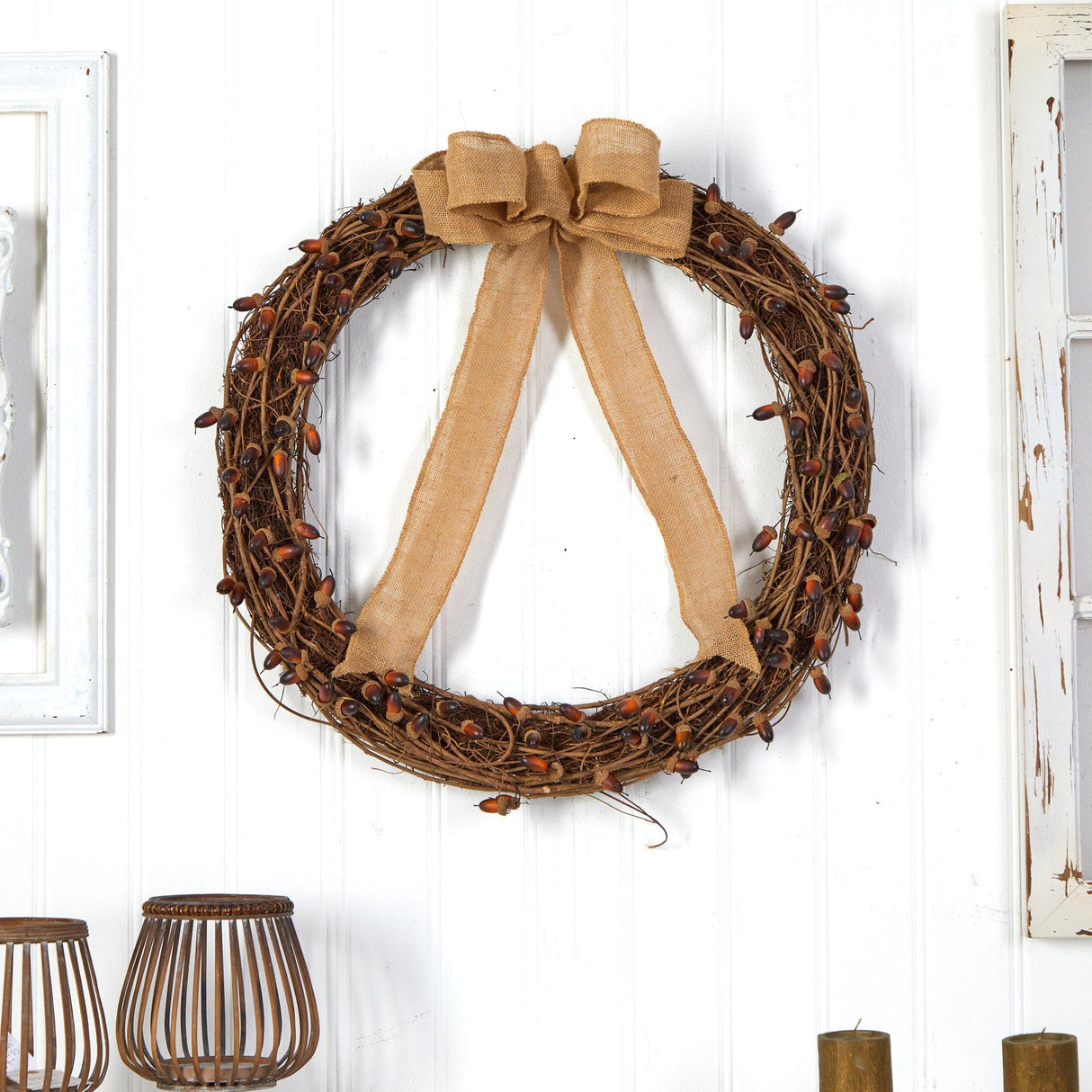 30” Fall Acorn and Decorative Bow Autumn Wreath by Nearly Natural