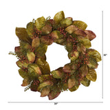 30” Fall Magnolia Leaf and Berries Artificial Wreath by Nearly Natural