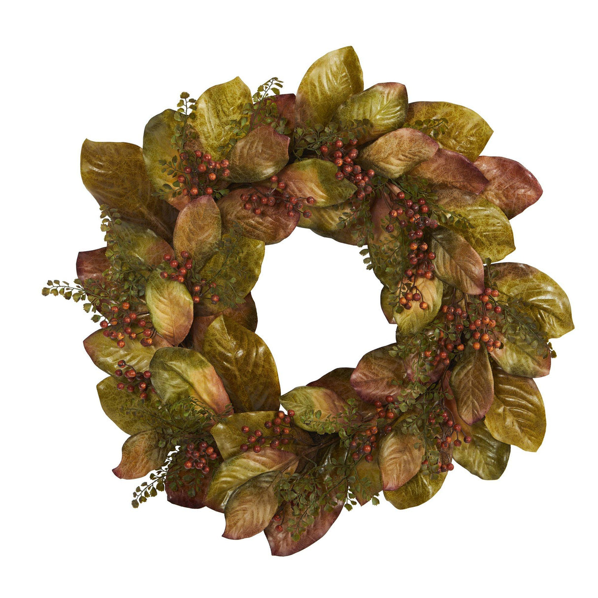 30” Fall Magnolia Leaf and Berries Artificial Wreath by Nearly Natural