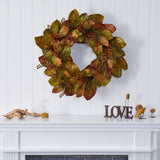 30” Fall Magnolia Leaf and Berries Artificial Wreath by Nearly Natural