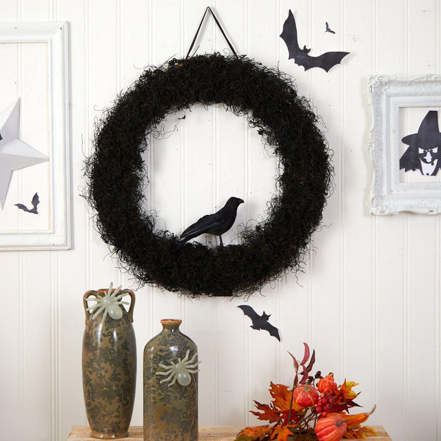 30” Halloween Black Raven Twig Wreath by Nearly Natural - Vysn