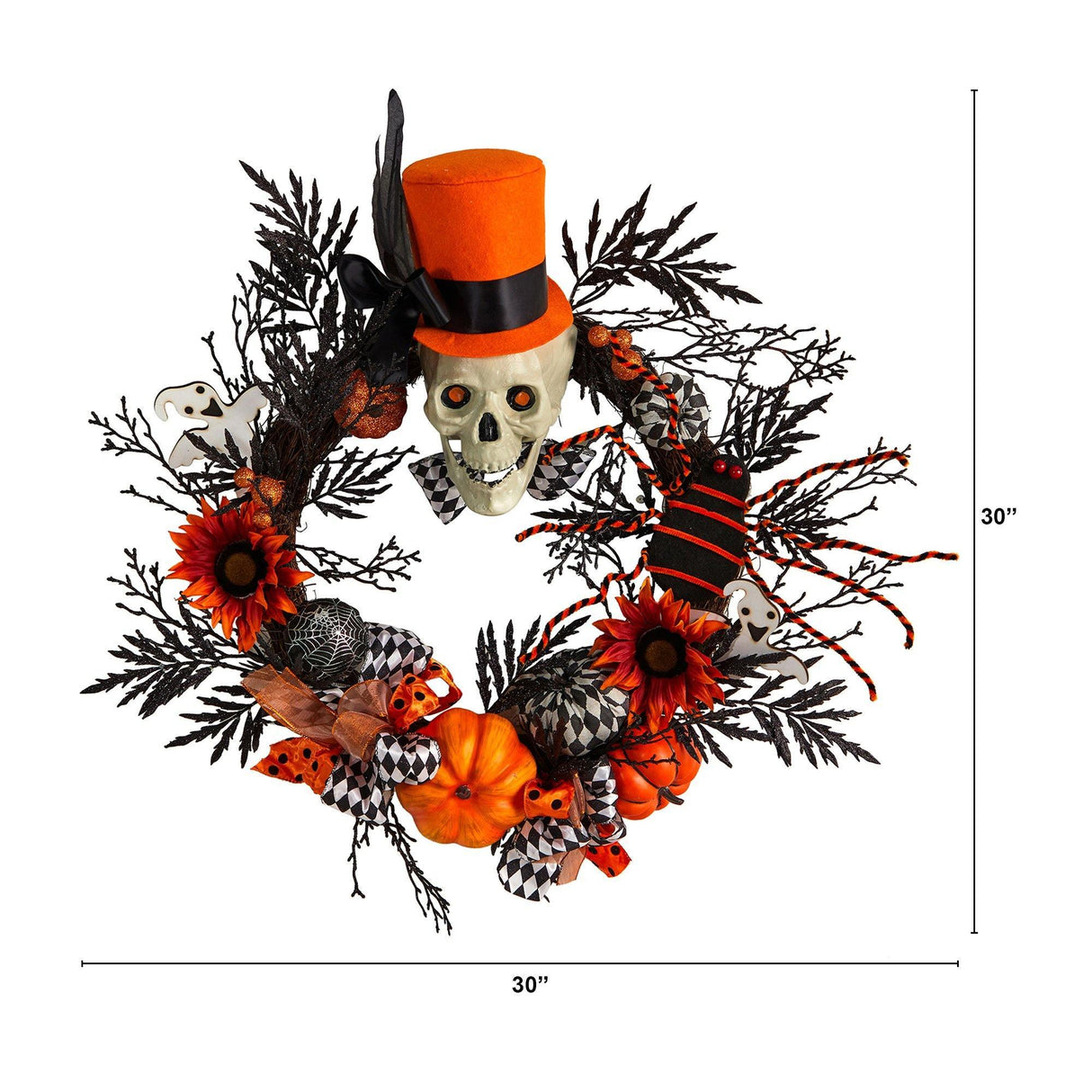 30” Spider and Skull with Top Hat Halloween Wreath by Nearly Natural - Vysn