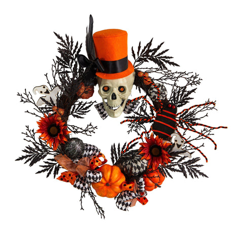 30” Spider and Skull with Top Hat Halloween Wreath by Nearly Natural - Vysn