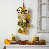 33” Fall Sunflower, Hydrangea and White Pumpkin Artificial Autumn Teardrop by Nearly Natural