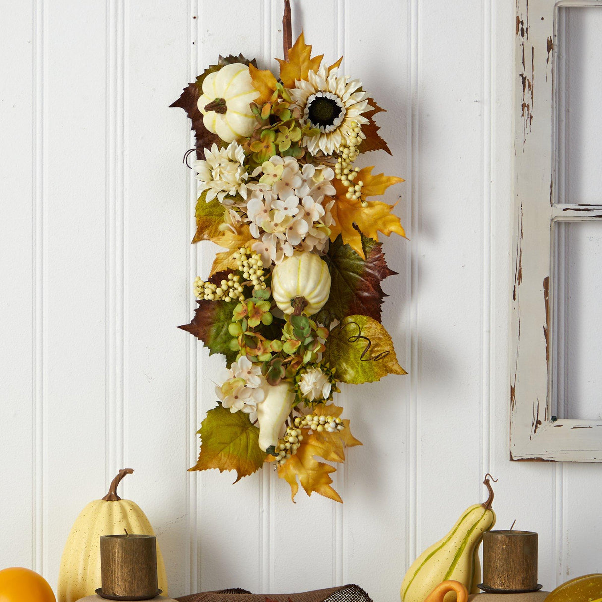 33” Fall Sunflower, Hydrangea and White Pumpkin Artificial Autumn Teardrop by Nearly Natural