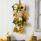 33” Fall Sunflower, Hydrangea and White Pumpkin Artificial Autumn Teardrop by Nearly Natural