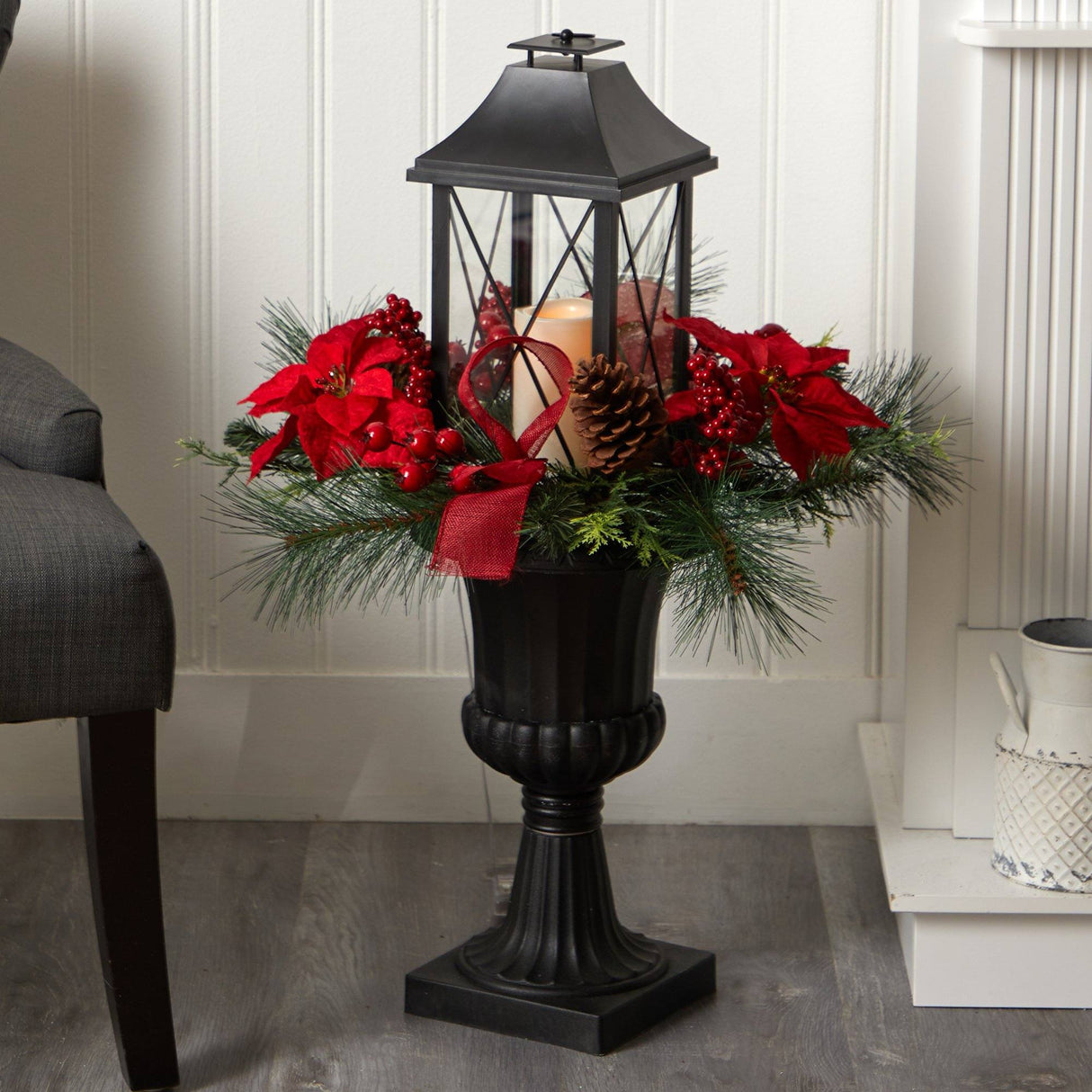 33” Holiday Berries and Poinsettia with Large Lantern and Included LED Candle by Nearly Natural