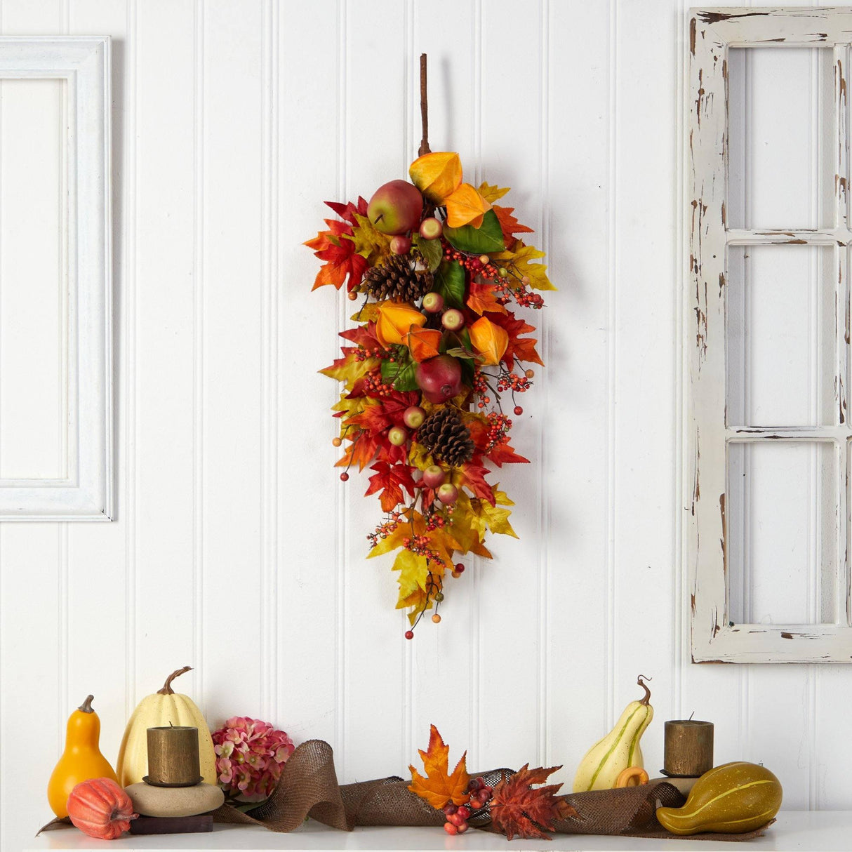 35” Autumn Maple Leaf and Berries Fall Teardrop by Nearly Natural - Vysn