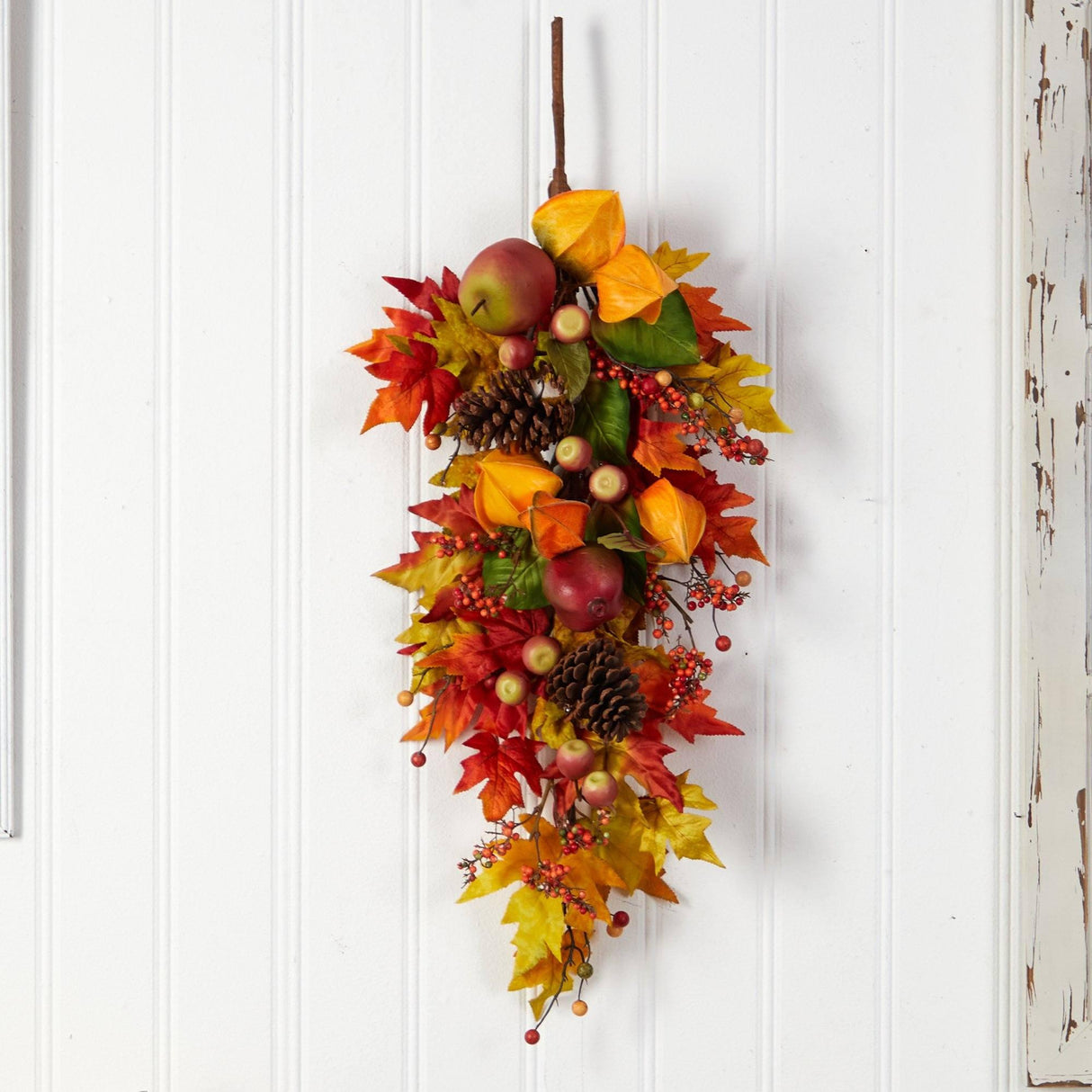 35” Autumn Maple Leaf and Berries Fall Teardrop by Nearly Natural - Vysn