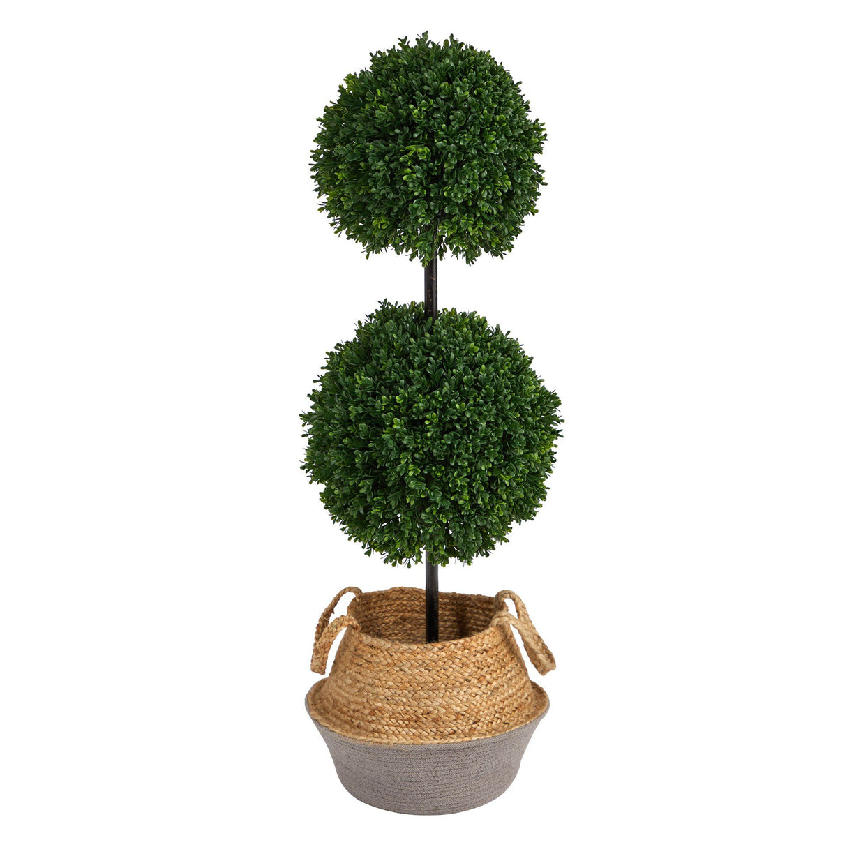 3.5’ Artificial Boxwood Double Ball Topiary Tree in Boho Chic Handmade Cotton & Jute Planter UV Resistant by Nearly Natural