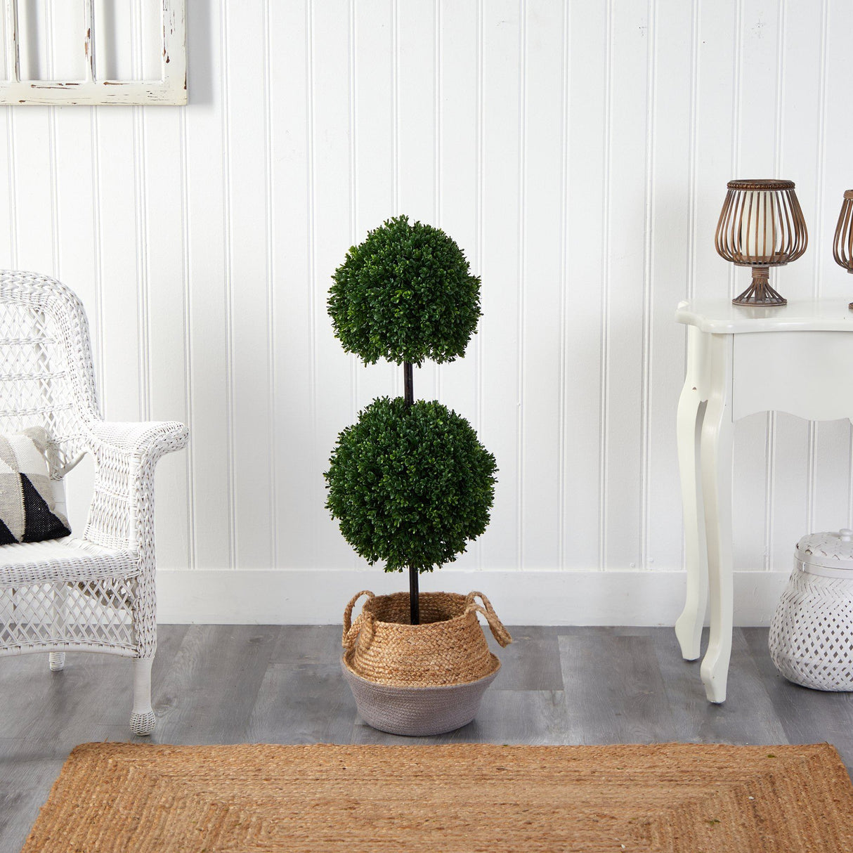 3.5’ Artificial Boxwood Double Ball Topiary Tree in Boho Chic Handmade Cotton & Jute Planter UV Resistant by Nearly Natural