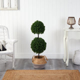 3.5’ Artificial Boxwood Double Ball Topiary Tree in Boho Chic Handmade Cotton & Jute Planter UV Resistant by Nearly Natural