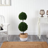 3.5’ Boxwood Double Ball Topiary Tree in Boho Chic Handmade Cotton & Jute Planter UV Resistant by Nearly Natural