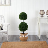 3.5’ Boxwood Double Ball Topiary Tree in Boho Chic Handmade Natural Planter UV Resistant by Nearly Natural