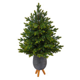 3.5’ North Carolina Fir Artificial Christmas Tree with 150 Clear Lights and 563 Bendable Branches in Gray Planter with Stand by Nearly Natural