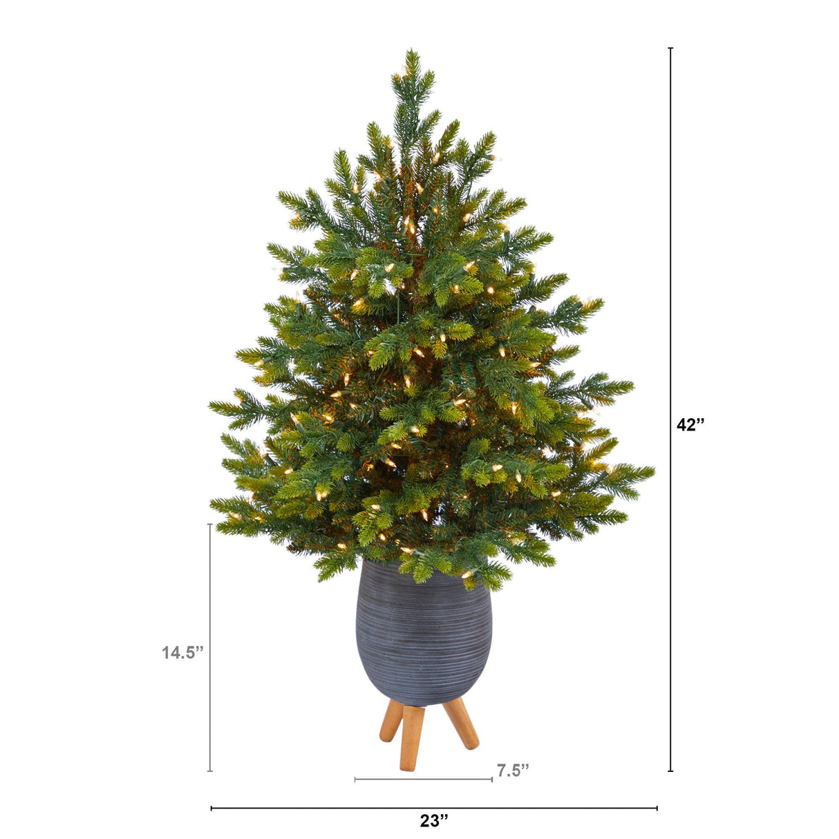 3.5’ North Carolina Fir Artificial Christmas Tree with 150 Clear Lights and 563 Bendable Branches in Gray Planter with Stand by Nearly Natural