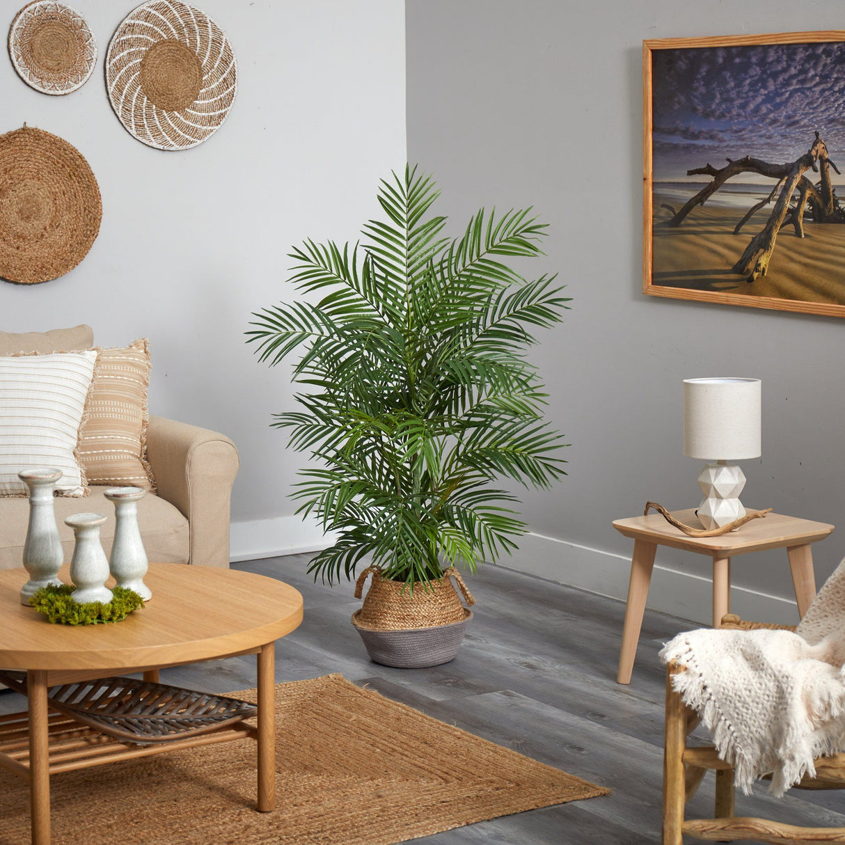 4' Areca Artificial Palm Branches in Boho Chic Handmade Cotton & Jute Gray Woven Planter by Nearly Natural